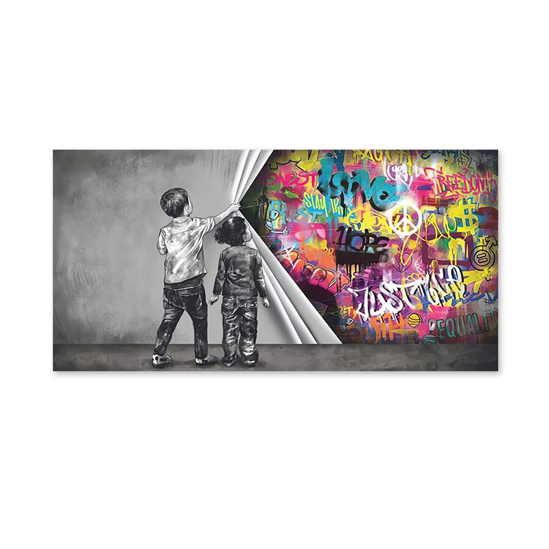 Banks Graffiti-Kunst-Spaß, zwei Kinder ziehen Stoff, Poster und Druck, Leinwand-Malerei, Wandkunst, Bilder für Wohnzimmer, Heimdekoration 70x140cm No Frame von Joom DACH