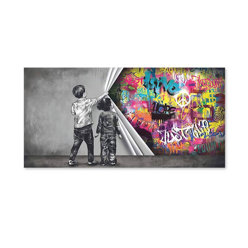 Banks Graffiti-Kunst-Spaß, zwei Kinder ziehen Stoff, Poster und Druck, Leinwand-Malerei, Wandkunst, Bilder für Wohnzimmer, Heimdekoration 70x140cm No Frame von Joom DACH