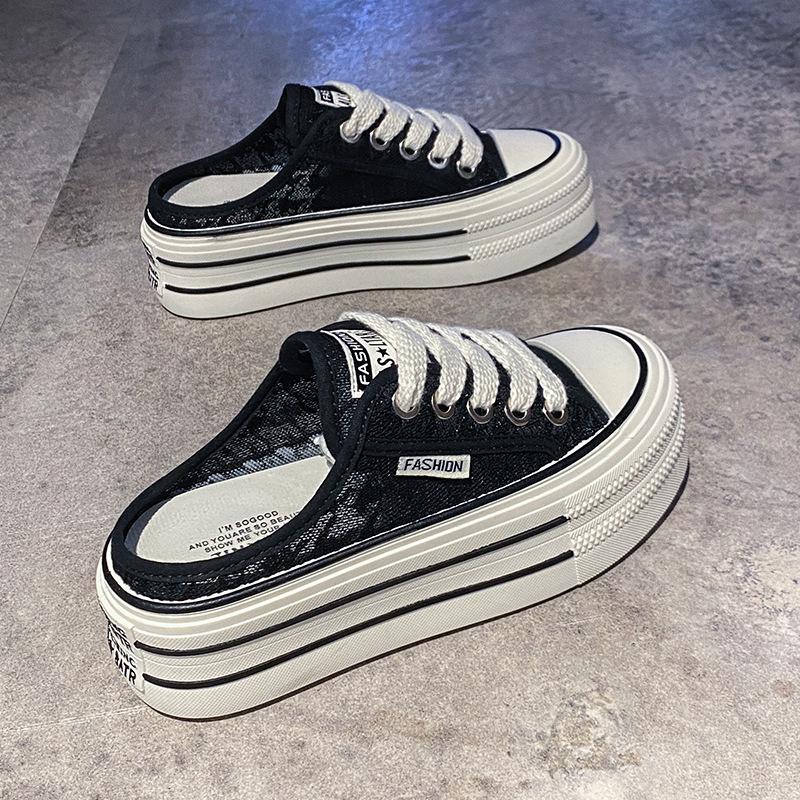 Baotou Halbschuhe Damen tragen im Sommer draußen coole Hausschuhe, neue, dicke Sohlen, Absatzlose Spitze, Mesh, atmungsaktive kleine weiße Schuhe 40 von Joom DACH