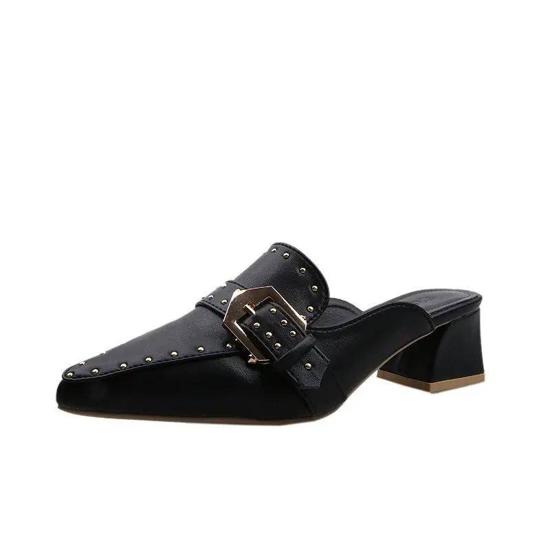 Baotou-Hausschuhe mit Schnalle, Pantoletten für Damen, geschlossene Zehenpartie, spitze Zehenpartie, Slip-On, niedrige Absätze, flache Schuhe, Sandalen, Slides 34 schwarz von Joom DACH