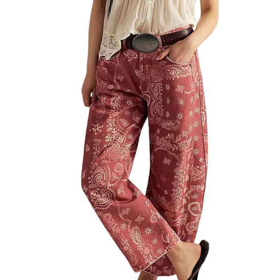 Barrel Jeans für Damen Blumenmuster Boyfriend Baggy Jeans Lässig Mittelhoch Weites Bein Denim Knöchellange Hose S rot von Joom DACH