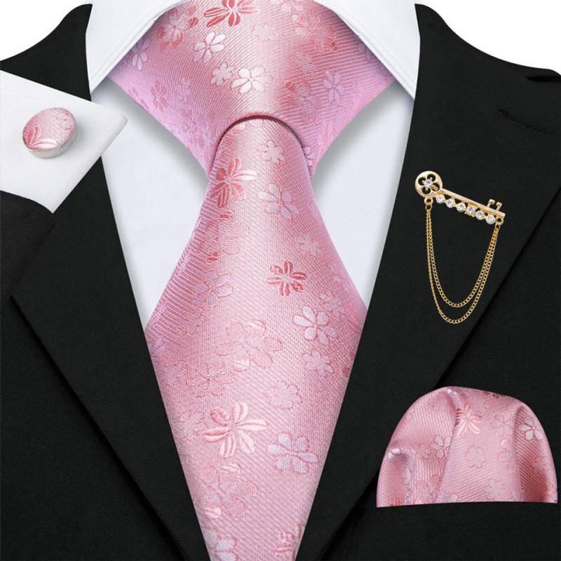 Barry.Wang Broschen mit Krawatte für Männer Rosa Blumenseide Krawatte Hanky Manschettenknöpfe Set für Hochzeits-Dating N-5038 rosa von Joom DACH