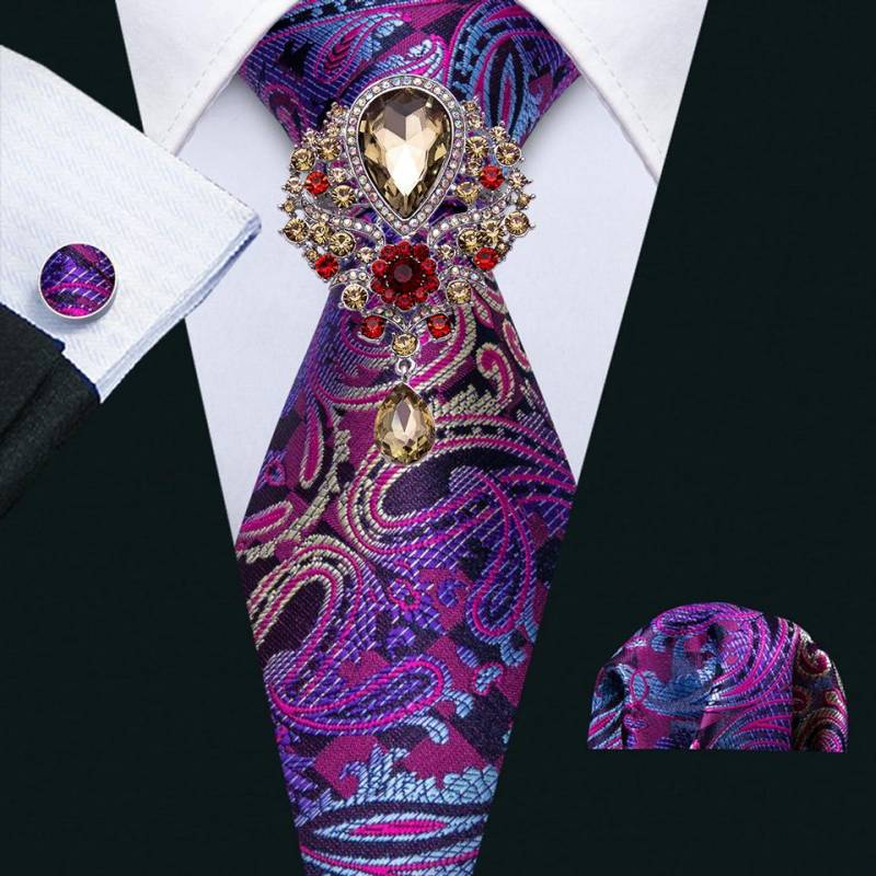 Barry.Wang Herren-Krawatten mit Brosche, Paisley-Jacquard, formelle Seidenkrawatte, Einstecktuch, Manschettenknopf-Set N-0638 von Joom DACH