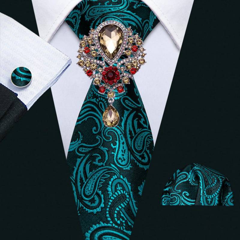 Barry.Wang Herren-Krawatten mit Brosche, Paisley-Jacquard, formelle Seidenkrawatte, Einstecktuch, Manschettenknopf-Set N-1045 von Joom DACH