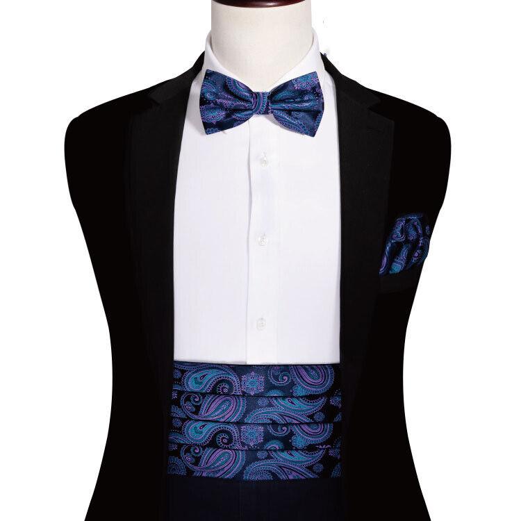 Barry.Wang Herren-Kummerbund-Gürtel und Fliege-Set, Seiden-Pre-Fliege-Einstecktuch-Manschettenknopf-Set YF-1007 von Joom DACH