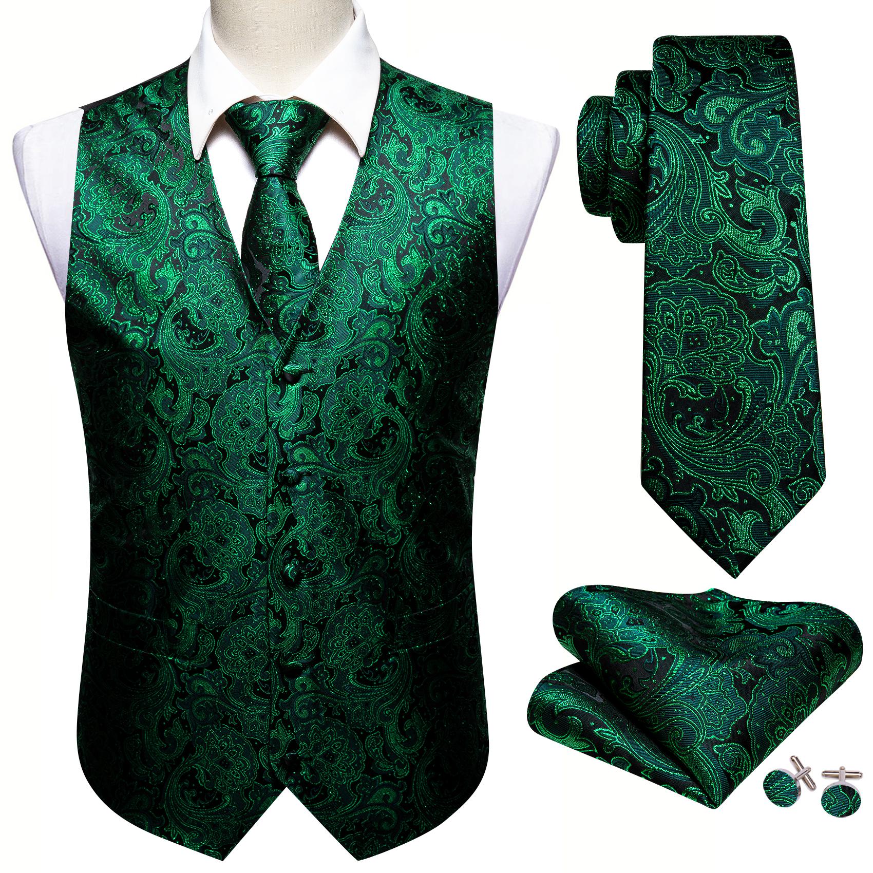 Barry.Wang Herren-Set aus Weste, Weste, Krawatte, Einstecktuch, Manschettenknöpfen, Moosgrün, Paisley-Jacquard, gewebte Seide, für Hochzeit, Verabredung, Party 5XL von Joom DACH