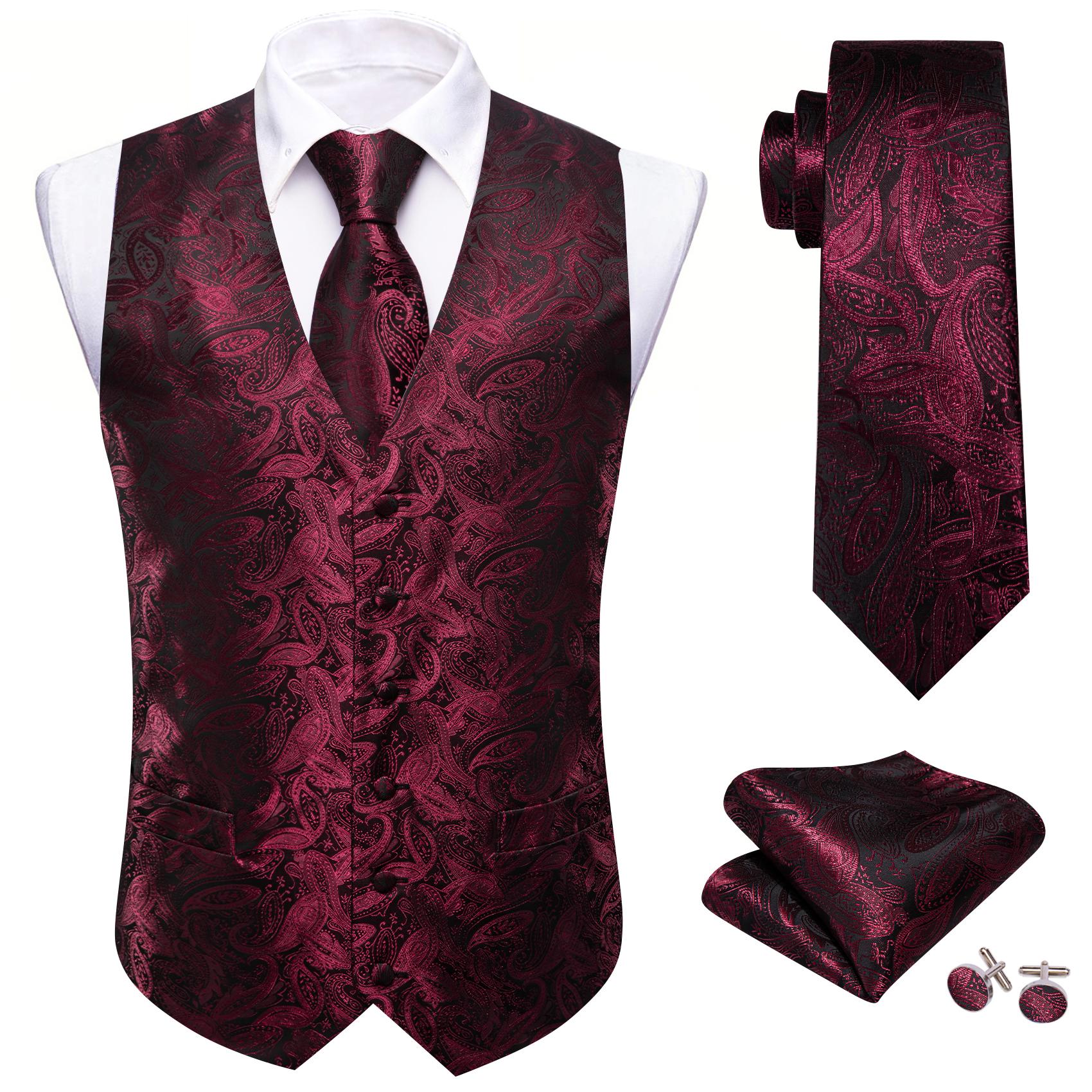 Barry.Wang Herren-Set mit Weste, Weste, Krawatte, Taschentuch, Manschettenknöpfen, dunkelrot, Paisley-Jacquard, gewebte Seide, Hochzeit, Verabredung, Party 3XL von Joom DACH