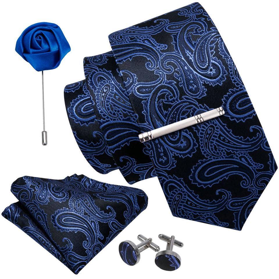 Barry.Wang Krawatten-Set für Herren, blaue Paisley-Krawatte aus Seide, Einstecktuch, Manschettenknöpfe, Boutonniere, Krawattenklammer für Hochzeitsgeschäft N-0981 von Joom DACH