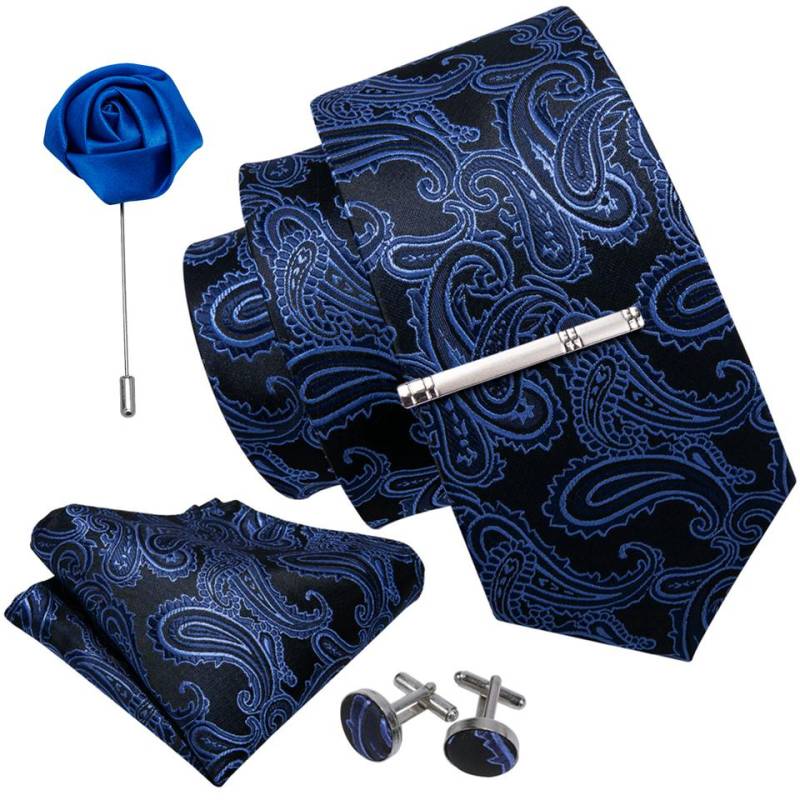Barry.Wang Krawatten-Set für Herren, blaue Paisley-Krawatte aus Seide, Einstecktuch, Manschettenknöpfe, Boutonniere, Krawattenklammer für Hochzeitsgeschäft N-0981 von Joom DACH