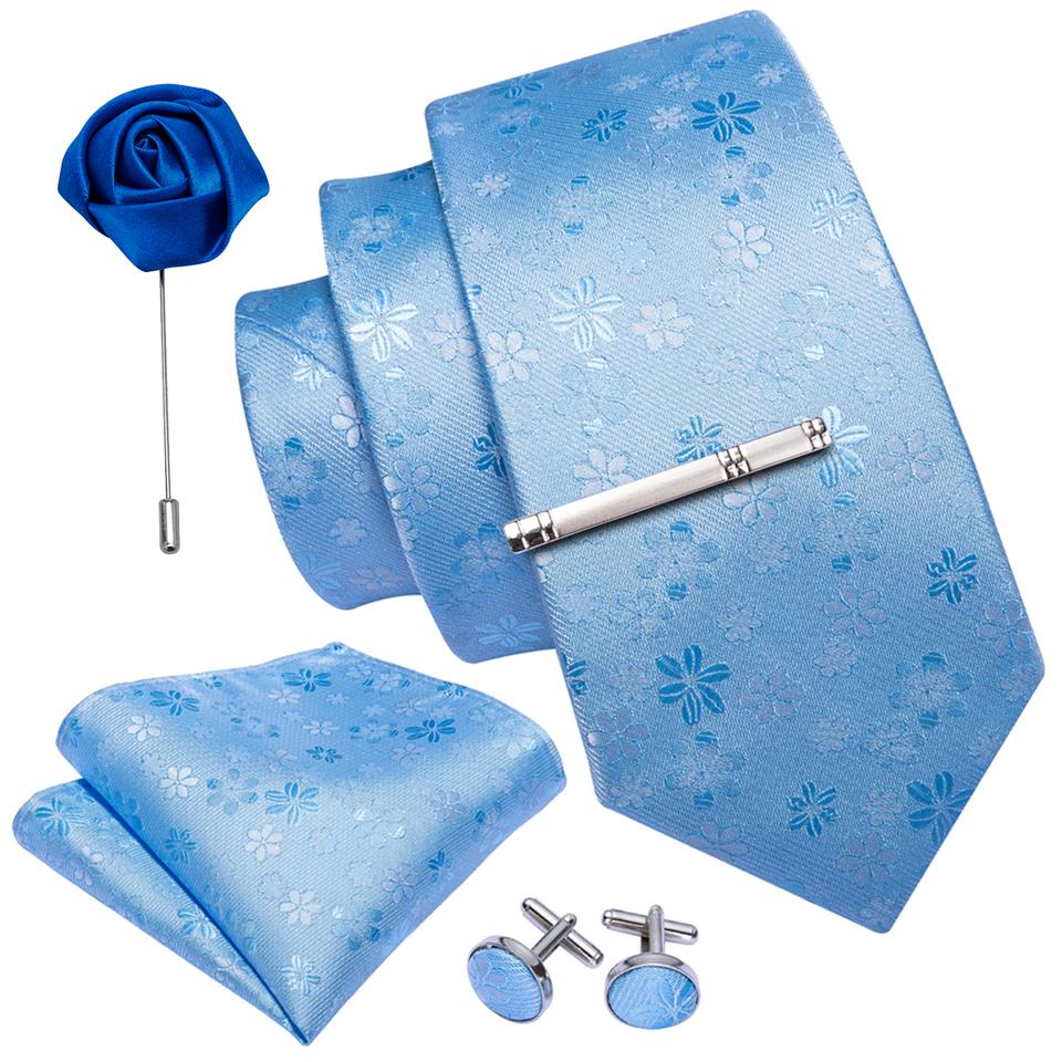 Barry.Wang Krawatten-Set für Herren, blaue Paisley-Krawatte aus Seide, Einstecktuch, Manschettenknöpfe, Boutonniere, Krawattenklammer für Hochzeitsgeschäft N-5001 von Joom DACH
