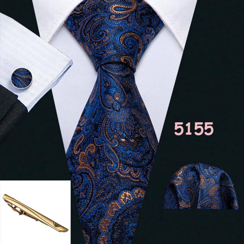 Barry.Wang Krawatten für Herren, blau, marineblau, kariert, Paisley-Seidenkrawatte, Einstecktuch, Manschettenknöpfe, goldenes Krawattenklammer-Set N-5155 von Joom DACH