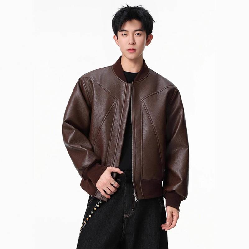 Baseballkragen Lederjacke Herren Herbstfutter Kurze PU-Leder Motorradjacke XXL braun von Joom DACH