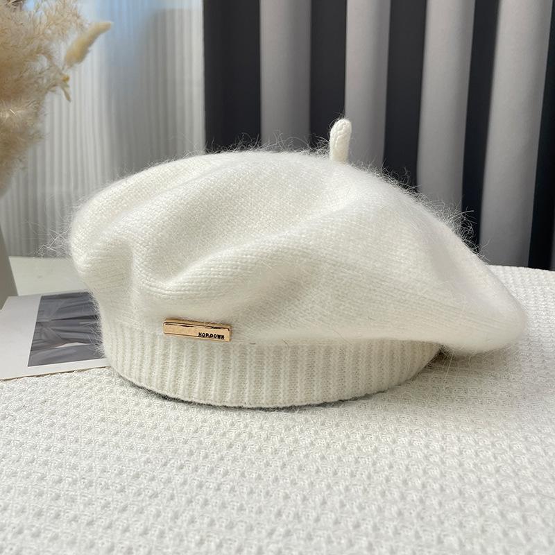 Baskenmütze aus Kaninchenhaar für Damen, Herbst und Winter, koreanische graue Malermützen, Retro-Eisen-Logo, Garnknospenkappen von Joom DACH