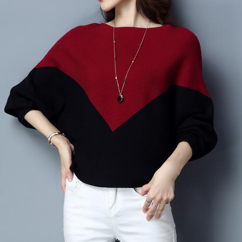 Batwing Ärmel Lose Herbst Winter Frauen Pullover Stricken Mode Weibliche Neue Ankunft Patchwork Pullover One Size bordeaux von Joom DACH