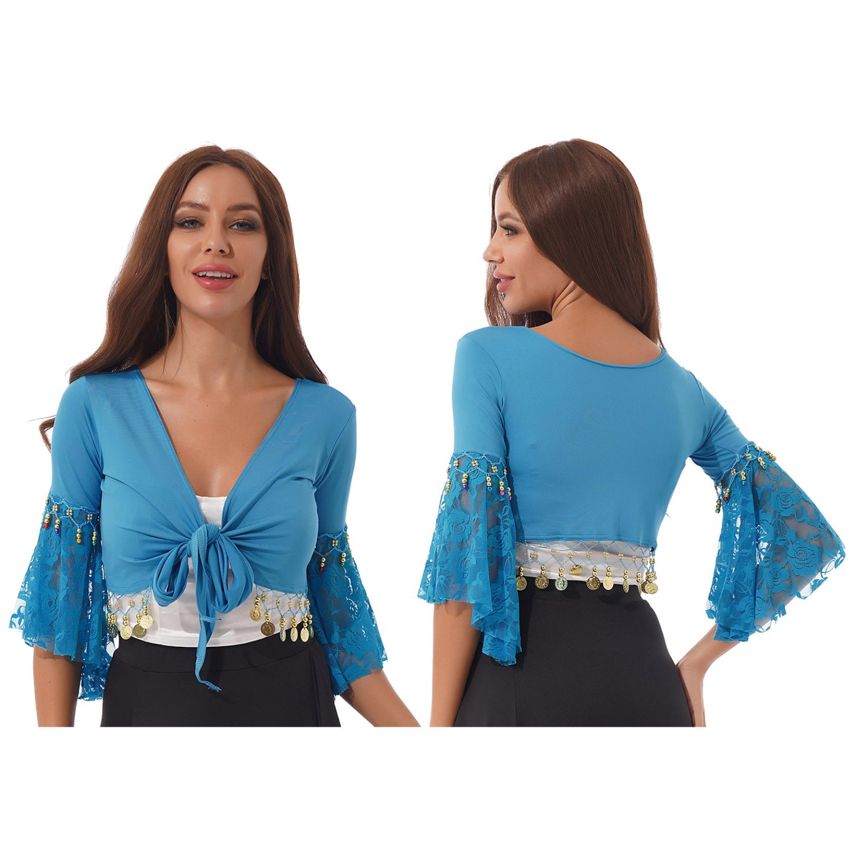 Bauchtanz-Kostüm, Spitzen-Patchwork-Quaste, Schnür-Schal, bauchfreie Tops für Bühnenauftritte, Club-Kleidung 3XL himmelblaue von Joom DACH