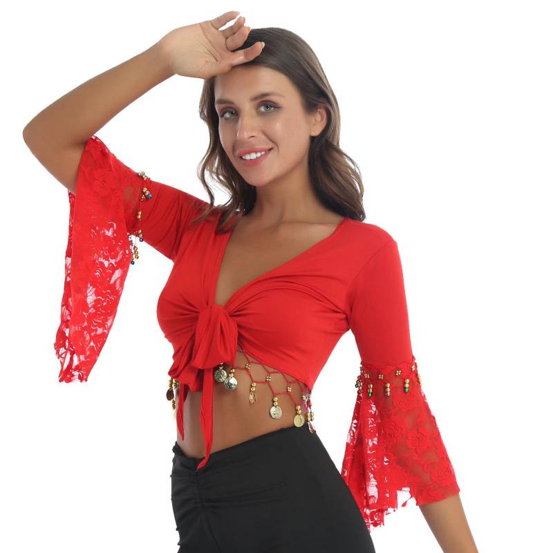 Bauchtanz-Kostüm, Spitzen-Patchwork-Quaste, Schnür-Schal, bauchfreie Tops für Bühnenauftritte, Club-Kleidung L rot von Joom DACH