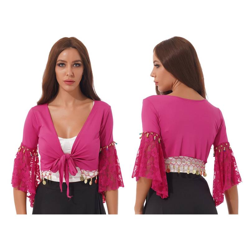 Bauchtanz-Kostüm, Spitzen-Patchwork-Quaste, Schnür-Schal, bauchfreie Tops für Bühnenauftritte, Club-Kleidung XL heißes rosa von Joom DACH