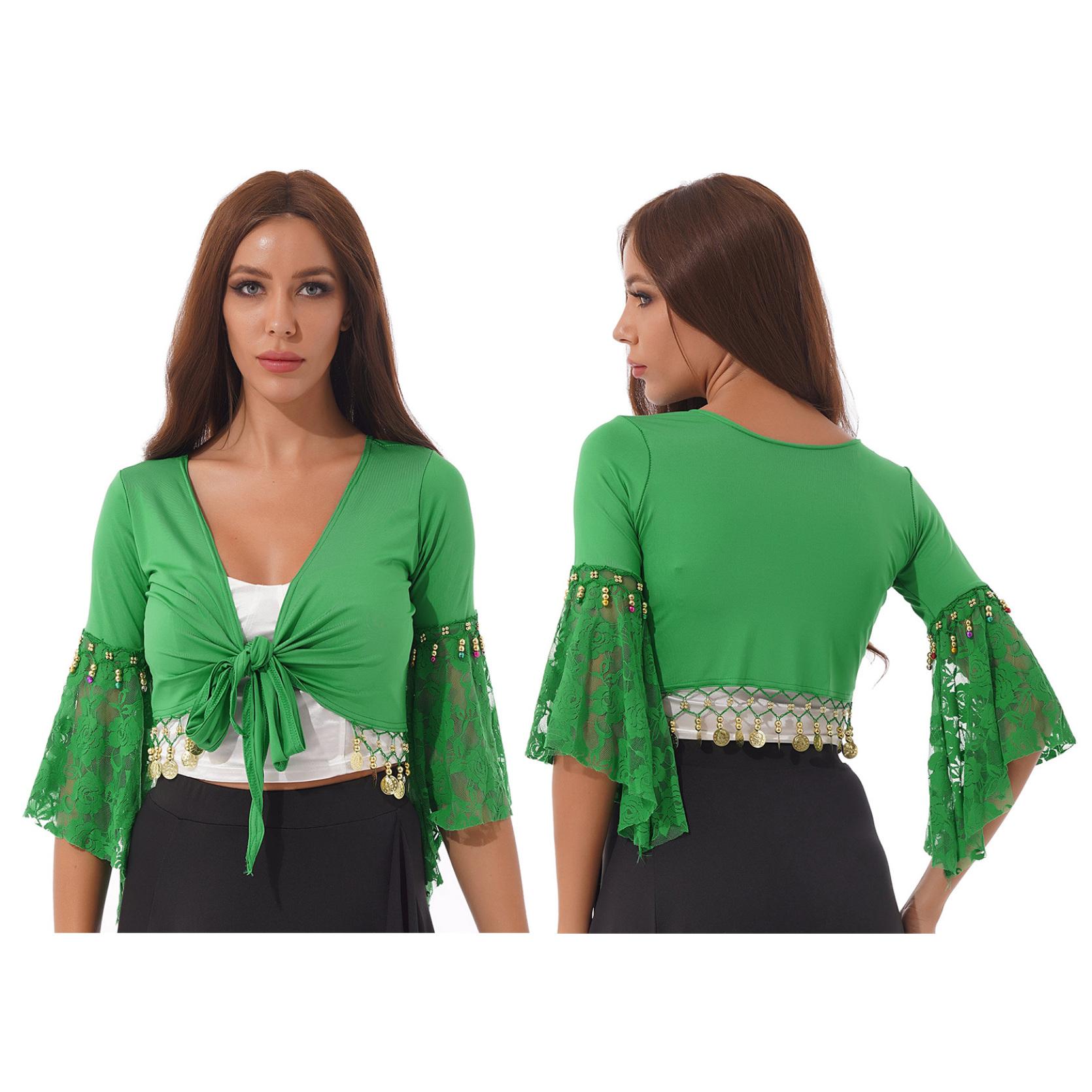 Bauchtanz-Kostüm, Spitzen-Patchwork-Quaste, Schnür-Schal, bauchfreie Tops für Bühnenauftritte, Club-Kleidung L grün von Joom DACH