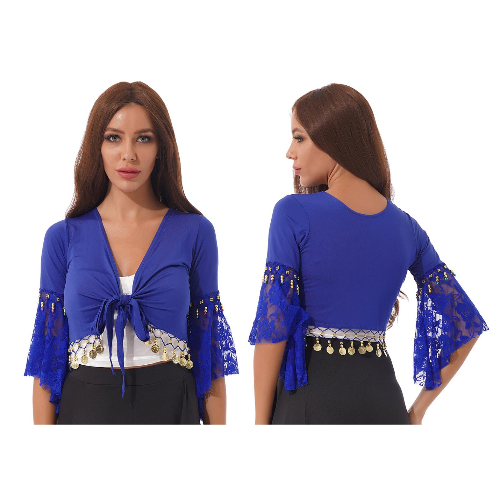 Bauchtanz-Kostüm, Spitzen-Patchwork-Quaste, Schnür-Schal, bauchfreie Tops für Bühnenauftritte, Club-Kleidung 3XL königsblau von Joom DACH