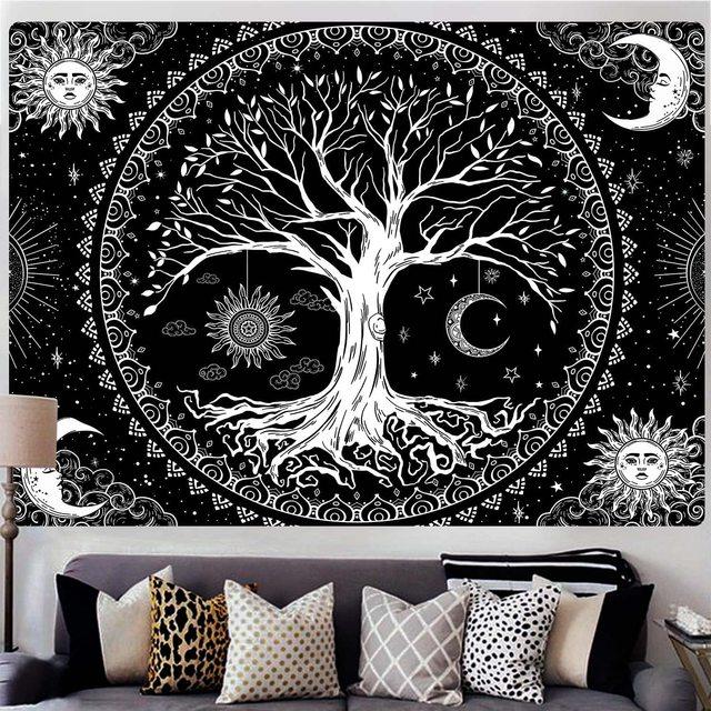 Baum des Lebens Wandteppich Trippy Mandala Sonne und Mond Stern ästhetische Wandteppiche psychedelische Kawaii Home Room Decor Strandtuch 150x100cm von Joom DACH
