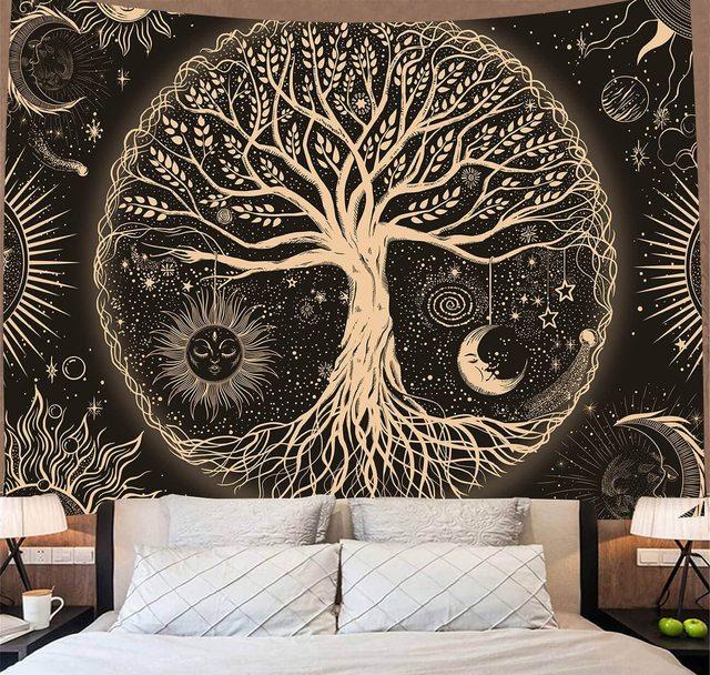 Baum des Lebens Wandteppich Trippy Mandala Sonne und Mond Stern ästhetische Wandteppiche psychedelische Kawaii Home Room Decor Strandtuch 200x150cm von Joom DACH
