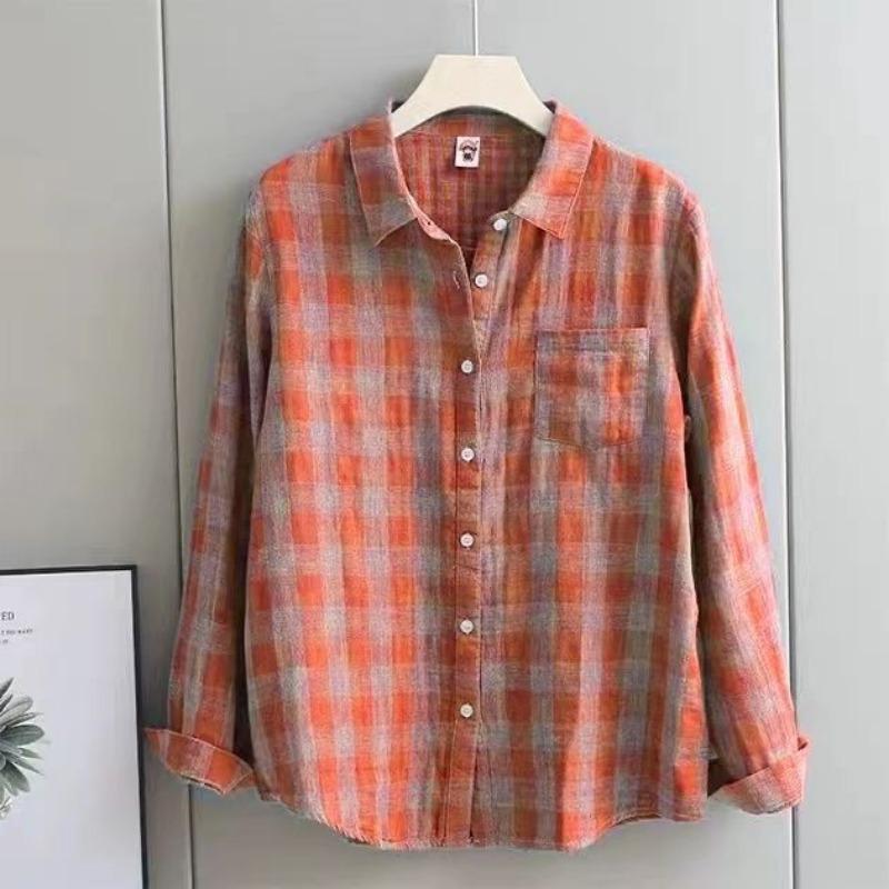 Baumwoll-Doppelschichtstoff Frühling Herbst Langarmhemd Damen Hochwertiges kariertes lockeres Oberteil Schlankheits-Anti-Aging-Shirt 4XL von Joom DACH