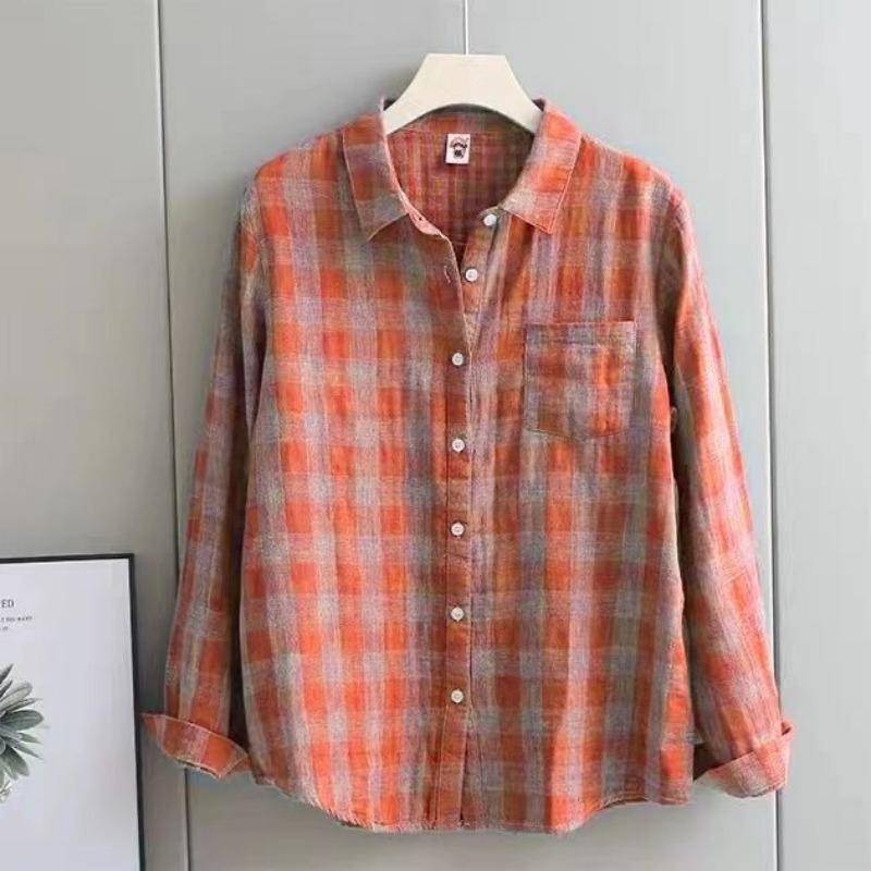 Baumwoll-Doppelschichtstoff Frühling Herbst Langarmhemd Damen Hochwertiges kariertes lockeres Oberteil Schlankheits-Anti-Aging-Shirt 4XL von Joom DACH