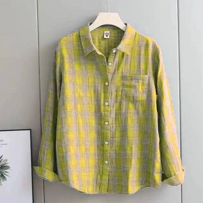 Baumwoll-Doppelschichtstoff Frühling Herbst Langarmhemd Damen Hochwertiges kariertes lockeres Oberteil Schlankheits-Anti-Aging-Shirt 4XL von Joom DACH