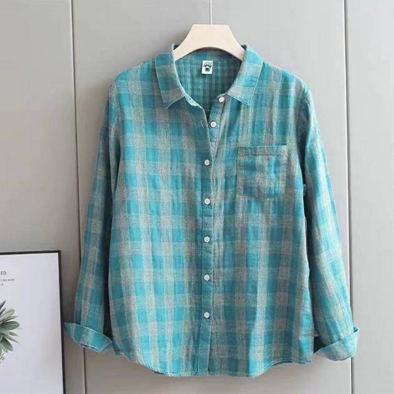 Baumwoll-Doppelschichtstoff Frühling Herbst Langarmhemd Damen Koreanisch kariertes lockeres Oberteil Abnehmendes Alterungshemd 2XL von Joom DACH