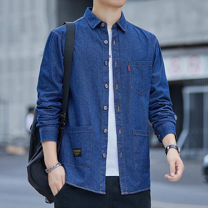 Baumwoll-Jeanshemd Herren Langarmhemd im Hong Kong-Stil Freizeithemd Herbstjacke M hellblaue von Joom DACH