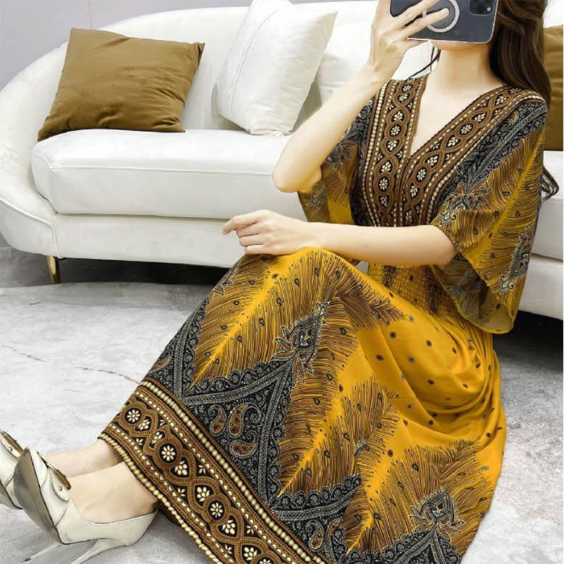 Baumwoll-Seidenkleid, mittellanges Strandkleid, großes, florales, böhmisches, lockeres, lässiges, langes Kleid mit V-Ausschnitt L von Joom DACH