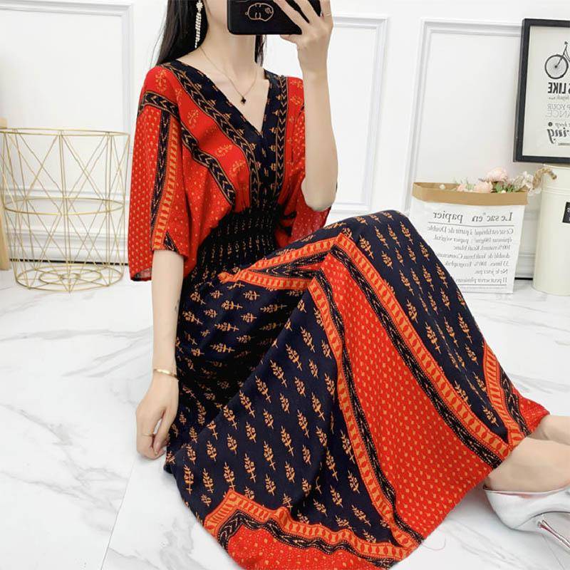 Baumwoll-Seidenkleid, mittellanges Strandkleid, großes, florales, böhmisches, lockeres, lässiges, langes Kleid mit V-Ausschnitt XXL von Joom DACH