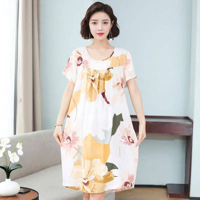 Baumwoll-Seidenkleid für Damen, Sommerkleidung, Rundhalsausschnitt, kurze Ärmel, großer Rock, lockeres Kleid, Baumwollstoff, leicht, schweißabsorbierend und atmungsaktiv 4XL 70-75kg beige von Joom DACH