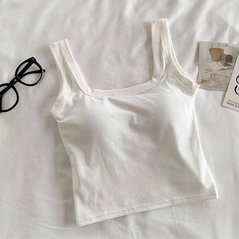 Baumwoll-Unterhemd mit quadratischem Ausschnitt für Damen mit Brustpolster und integrierten Körbchen, Strumpfhalter-Innenschicht für Unterteil und Außenschicht für kurzes Oberteil M von Joom DACH