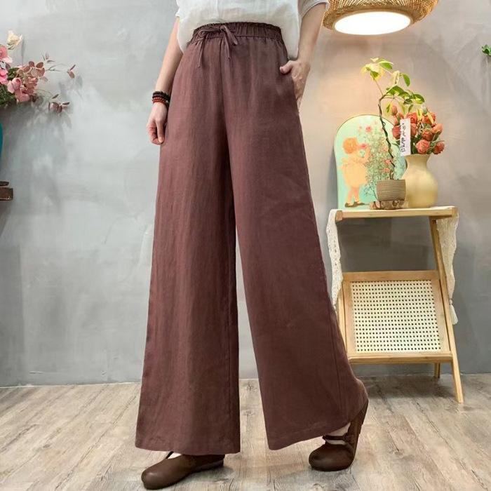 Baumwoll- und Leinenhosen Damen High-Waist Weite Hosen Freizeithosen Kordelzug Elastischer Bund Sommer Dünne Hosen Neu 5XL dunkelbraune von Joom DACH