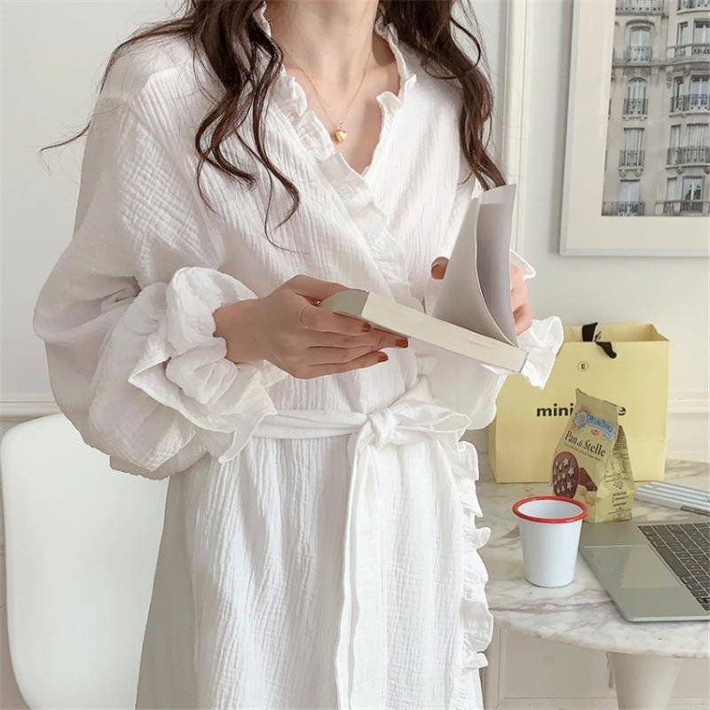 Baumwollbademantel Damen Rüschen Langarm Koreanisch Süß Kimono Robe Elegant Spa Lady Frühling Herbst Home Morgenmantel Pyjamas One Size von Joom DACH