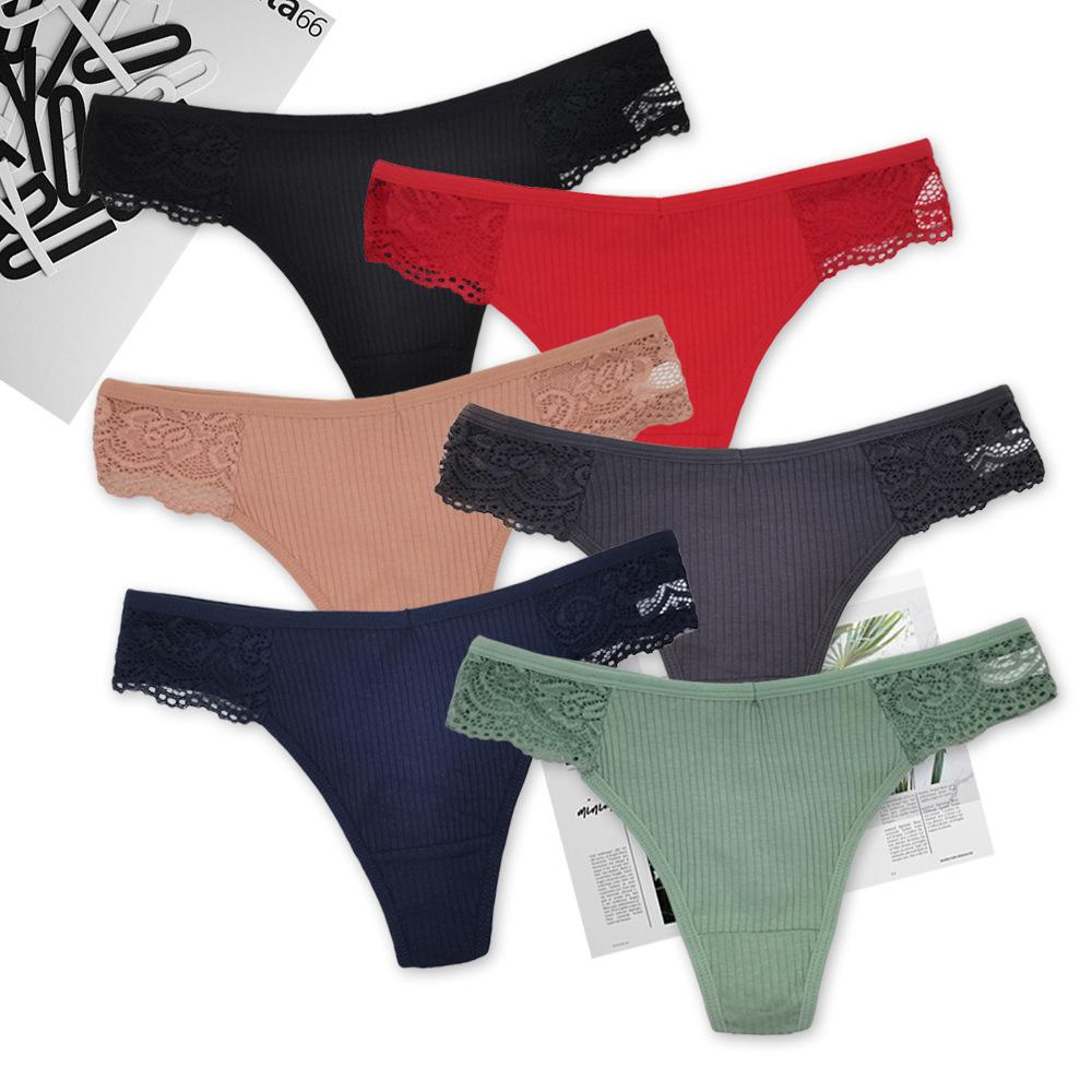 Baumwolle Frau Tanga Sexy Spitze G String Höschen Slips für Frauen Unterwäsche Einfarbig Unterhosen Dessous 6 Teile/los L von Joom DACH