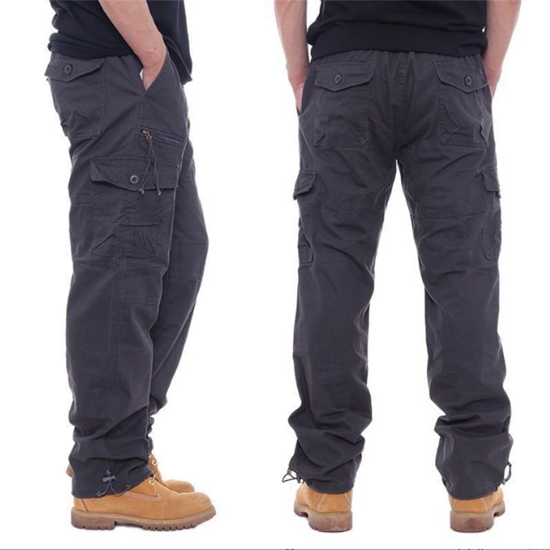 Baumwolle Overalls Herren Casual Hosen Elastische Taille Große Größe Multi-Pocket Lose Hosen Baustelle Hosen 5XL dunkelgraue von Joom DACH