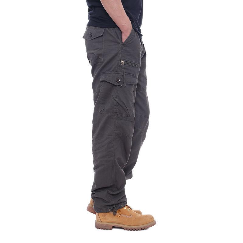 Baumwolle Overalls Herren Casual Hosen Elastische Taille Große Größe Multi-Pocket Lose Hosen Baustelle Hosen M hellgrau von Joom DACH
