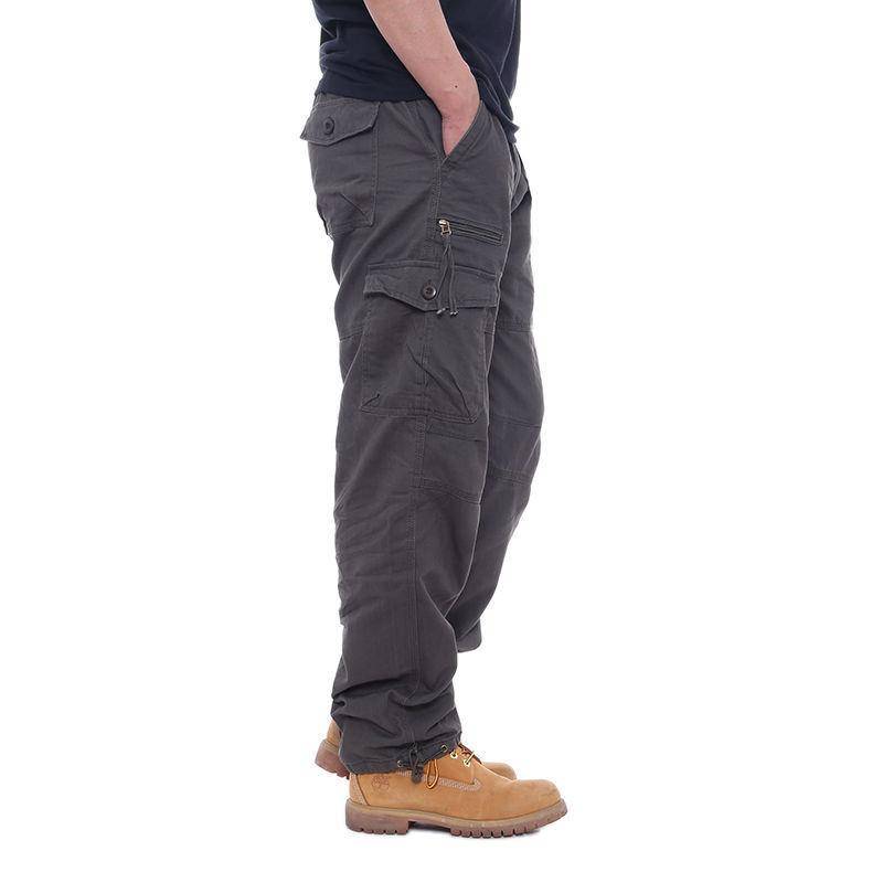 Baumwolle Overalls Herren Casual Hosen Elastische Taille Große Größe Multi-Pocket Lose Hosen Baustelle Hosen M hellgrau von Joom DACH