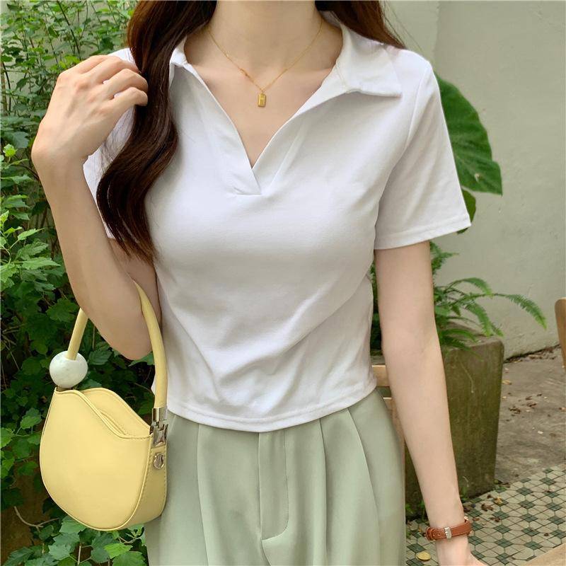 Baumwollhaltiges Polo-Kurzarm-T-Shirt für Damen im Sommer Koreanischer Stil Slim V-Ausschnitt Einfarbig Kurzschulter Basic-Shirt für Damen M weiß von Joom DACH