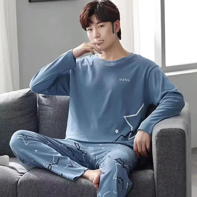 Baumwollpyjama für Herren im Frühling und Herbst, langärmelige lange Hosen, koreanische Version der lockeren Homewear, einfarbige Nachtwäsche, Loungewear L blau von Joom DACH
