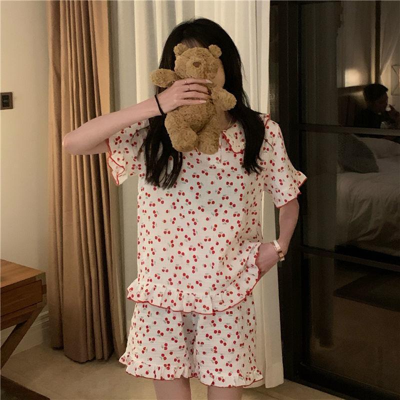 Baumwollpyjamas Koreanische Pyjamas Frauen Sommer Kirsche Print Pyjamas Frauen Set Frauen 2 Stück Set Süße Home Wear M von Joom DACH