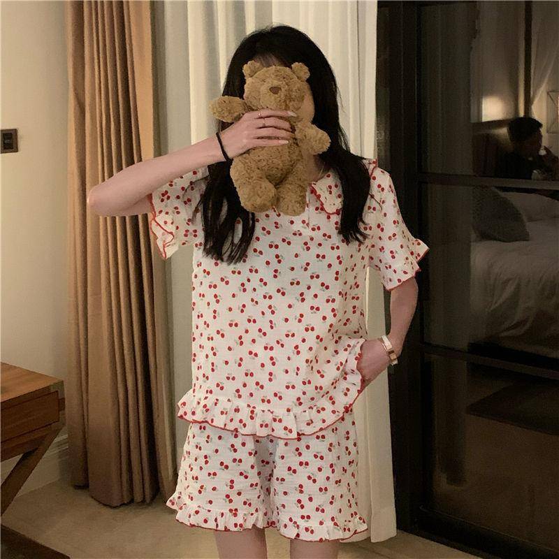 Baumwollpyjamas Koreanische Pyjamas Frauen Sommer Kirsche Print Pyjamas Frauen Set Frauen 2 Stück Set Süße Home Wear M von Joom DACH