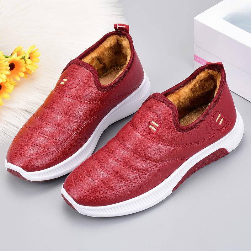 Baumwollschuhe, Damen Wasserdichte Fleece-Schuhe, Flache und Warme Kurze Stiefel für Mittelalte und Ältere Menschen 40 rot von Joom DACH