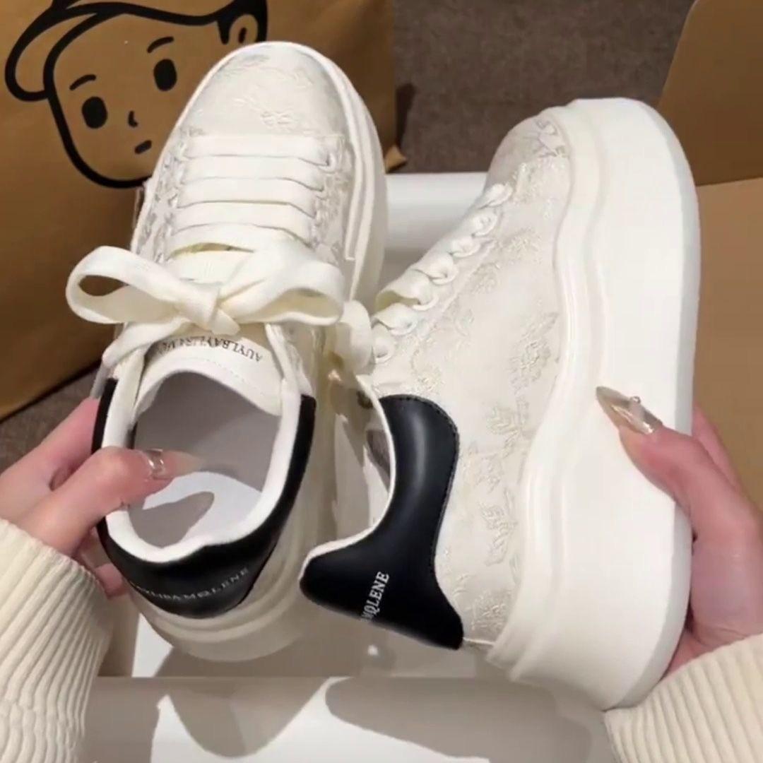 Bedruckte Bestickte Weiße Schuhe Sneakers Damen Neu Vielseitig Muffin Plateau Freizeitschuhe Pumps 40 schwarz von Joom DACH