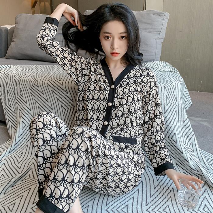 Bedruckte Buchstaben Luxus Damen Pyjama Set Herbst Lässig Locker Pyjama V-Ausschnitt Pyjama Loungewear 2-teiliges Set Damen Pyjama XXL von Joom DACH