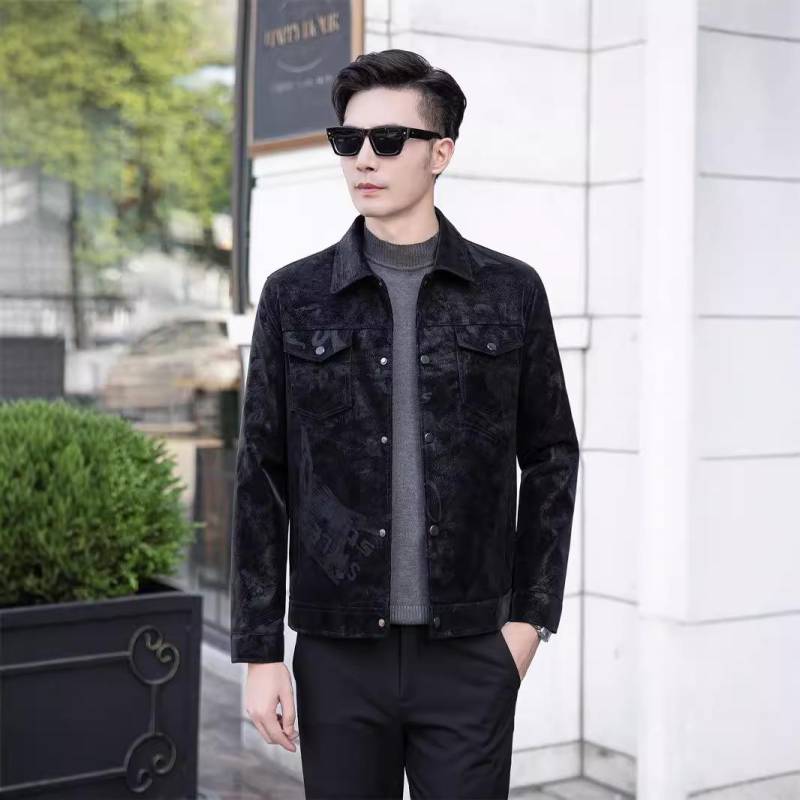 Bedruckte Leder Herrenjacke Frühling und Herbst Neuer Stil Revers Mode Koreanischer Stil Trendig Übergröße Herren Lederjacke 5XL schwarz von Joom DACH