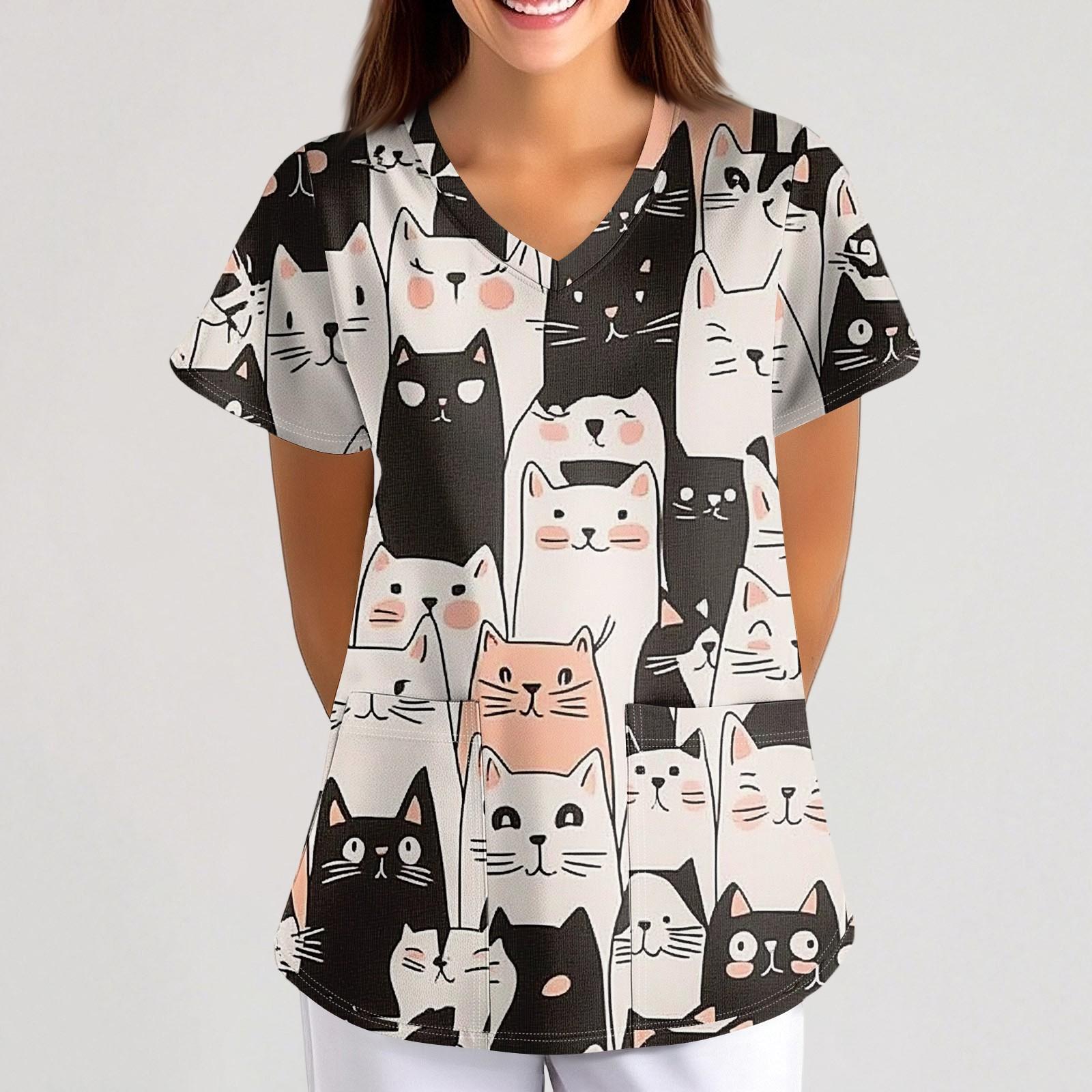 Bedruckte Oberteile für die Arbeitsuniform in Übergröße für Damen, V-Ausschnitt, Halloween-Aufdruck, kurzärmliges Fun-T-Shirt, Workwear-T-Shirt mit Taschen XXXXL hellbraune von Joom DACH