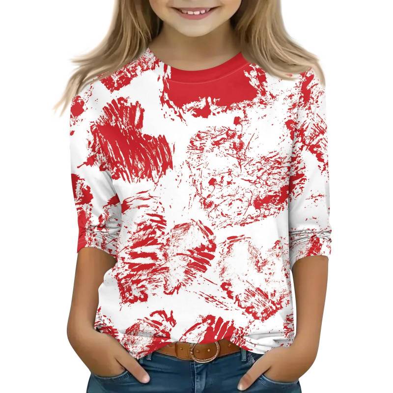 Bedruckte Oberteile für junge Mädchen von 5–16 Jahren, Rundhalsausschnitt, 3/4-Ärmel, T-Shirts, trendige Oberteile, Outfit-T-Shirts 130 Zinnoberrot von Joom DACH